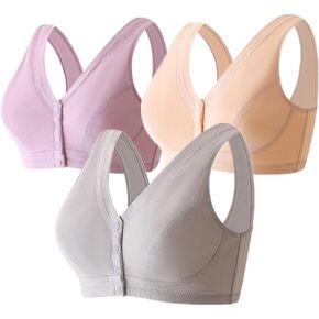 3Pack Middle-Aged Elder Woman Wirefree Bra Snap Front Button Closeure Comfortable Cotton Bra