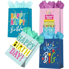 WLUSEAXI 4Pack Birthday Gift Bag with Tissue Paper,12.6×4.7×10.2 Inch Large Birthday Gift Bag with Handles,Happy Birthday Bags for Girls,Boys,Kids,Women,Men’s Birthdays Party