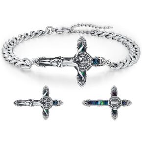 Saint Benedict Crucifix Bracelet 925 Sterling Silver Jesus Cross Bracelet,Religious San Benito Crucifix Medal Bracelet Jewelry for Men