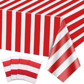 4 Pieces Carnival Table Cloths, Red and White Stripe Tablecloths, Red Plastic Table Cover, Circus Theme Party Decorations for Carnival, Movie Night, Kid's Birthday, Christmas, 51'' x 86''