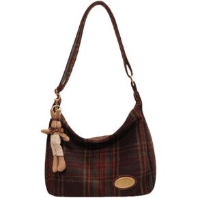Hobo Purse Women Plaid Crossbody Bag with Cute Accessory, Stylish Woollen Fabric Bag Women's 2024 Fashion