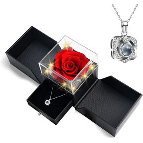 I Love You Necklace 100 Languages, Preserved Rose with Necklace, 925 Sterling Silver Rose Necklace for Women Mom Wife Girlfriend with Box on Wedding Anniversary Valentines Day Mother’s Day