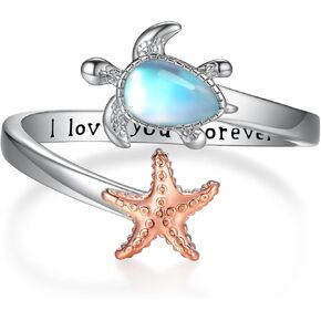 Sea Turtle Rings for Women 925 Sterling Silver Moonstone Turtle Open Ring I Love You Forever Cute Ocean Animal Tortoise Ring Jewelry for Women