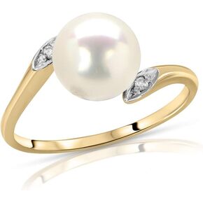 14K White Gold Black or White Akoya Cultured Pearl Ring with .02ct Diamonds