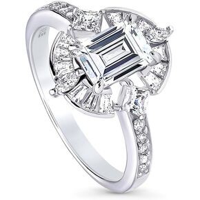 BERRICLE Sterling Silver Halo Step Emerald Cut Cubic Zirconia CZ Statement Vintage Inspired Art Deco Fashion Ring for Women, Rhodium Plated Size 4-10