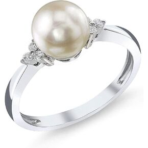 The Pearl Source Japanese Akoya Cultured Pearl Ring for Women 14K Gold Grace Pearl and Diamond Ring