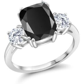 Gem Stone King 925 Sterling Silver Black Onyx and White Moissanite 3 Stone Ring For Women (3.39 Cttw, Cushion Cut 10X8MM, Round 4.5MM, Gemstone, Available In Size 5, 6, 7, 8, 9)