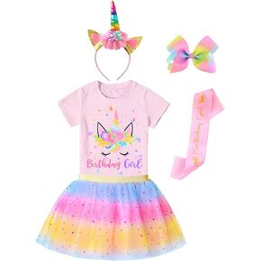 Doctor Unicorn Girls Birthday Costume Outfit Set Pink Yellow Blue Tutu, Unicorn Shirt, Headband, Hair Bow & Birthday Sash