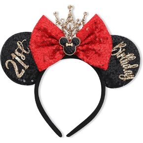 Girls 21st Birthday Mouse Headband - Mouse Ears Headband with Red Bow, Minnie Birthday Headband Photo Props, Princess 21st Birthday Ears, Glitter Minnie Mouse Ears Headband