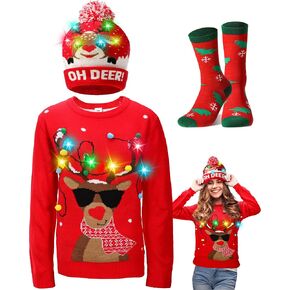 Liitrsh 3 Pack Christmas Reindeer Light Up Ugly Sweaters for Women 2024 Knitted Xmas Reindeer Hat Socks for Adults Holiday