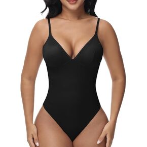 Tummy Control Shapewear Thong Backless Slimming Bodysuit for Women Deep V Neck Body Shaper with Built in Bra