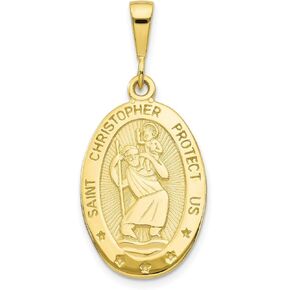 10k Solid Yellow Gold Saint Christopher Protect Us Words On Oval Pendant 35 mm x 16 mm