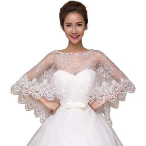 Wedding Shawl Women Floral Lace Wedding Cape Shawl Wrap for Rhinestone Bridal Capelet S, 100x45cm, Beige White