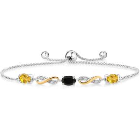 Gem Stone King 1.33 Ct Oval Yellow Citrine Black Onyx 925 Silver and 10K Yellow Gold Lab Grown Diamond Adjustable Infinity Bracelet For Women Mother's Mom Wife Her