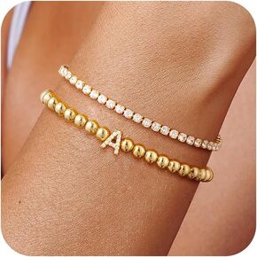 Initial Gold Bracelets for Women, 14K Gold Plated Letter Bracelet Beaded Cubic Zirconia Tennis Bracelets for Women Trendy Fashion Jewelry for Women, Initial A-Z