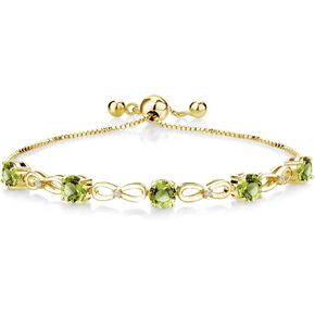 Gem Stone King 18K Yellow Gold Plated Silver 5MM Round Gemstone Birthstone and 1.3MM Round White Lab Grown Diamond Tennis Bracelet For Women | Fully Adjustable Up to 9 Inch