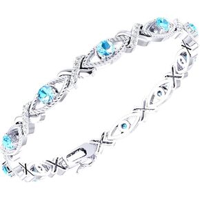 Crossed Lustrous Eyelet Bracelet for Women 925 Sterling Silver Gemstone Bracelet Round 4mm with 1.2mm Cubic Zirconia Bracelet Wrist Jewelry Party Gift, 7 Inch