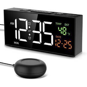 Netzu Vibrating Alarm Clock for Heavy Sleepers, Digital Alarm Clock with Bed Shaker, Temperature Date and Weekday, Manual DST, Snooze, 2 Alarms, 4 Volumes Bedside Plug-in Clock