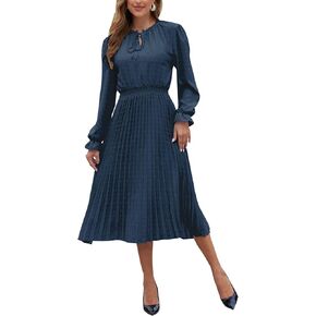 G&Y Women's Long Sleeve Swiss Dot Pleated A Line Flowy Dresses-2024 Fall V Neck Dresses for Women