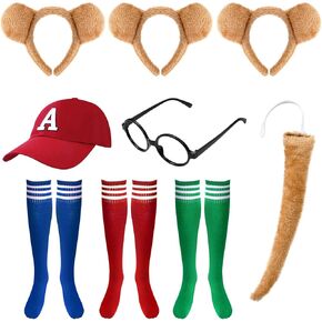 Chipmunks Costume Accessory Sets Chipmunks Costumes 3pcs Chipmunk Ears and tails 1 Piece Black Round Frame 3 Pairs Knee-High Socks 1 hat for Halloween Party Animal Costume Accessories