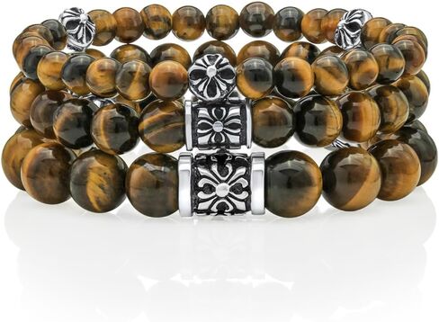 VY JEWELRY Tiger Eye Bracelet 6/8/10MM Dia, Golden Red Blue Stones with 925 Sterling Silver Beads for Men and Women in Kuwait