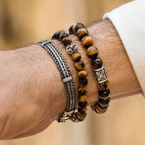 VY JEWELRY Tiger Eye Bracelet 6/8/10MM Dia, Golden Red Blue Stones with 925 Sterling Silver Beads for Men and Women in Kuwait