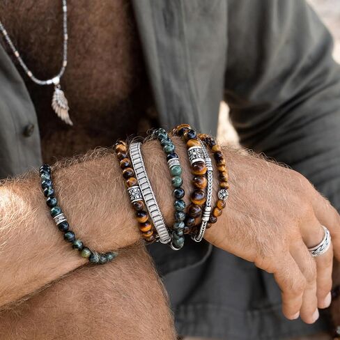 VY JEWELRY Tiger Eye Bracelet 6/8/10MM Dia, Golden Red Blue Stones with 925 Sterling Silver Beads for Men and Women in Kuwait