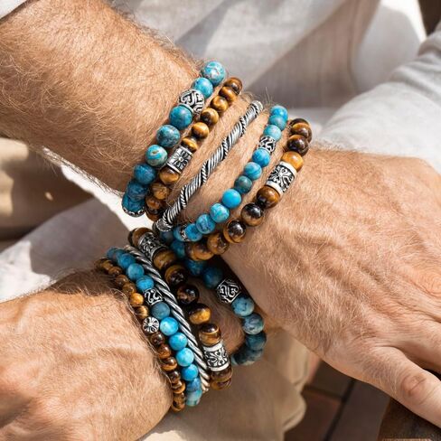 VY JEWELRY Tiger Eye Bracelet 6/8/10MM Dia, Golden Red Blue Stones with 925 Sterling Silver Beads for Men and Women in Kuwait