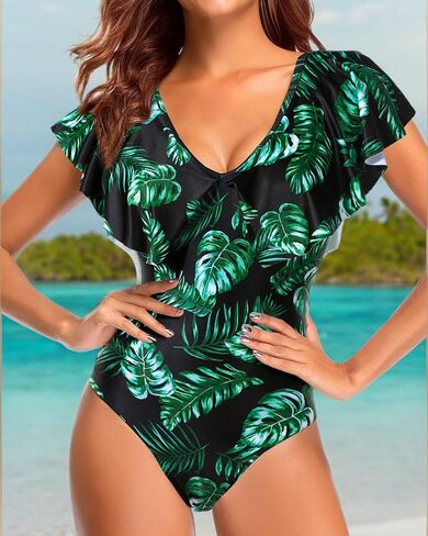 Tempt Me Women Ruffle One Piece Swimsuit Flounce Sleeve Swimwear V Neck Bathing Suit for Teen Girls in Saudi Arabia