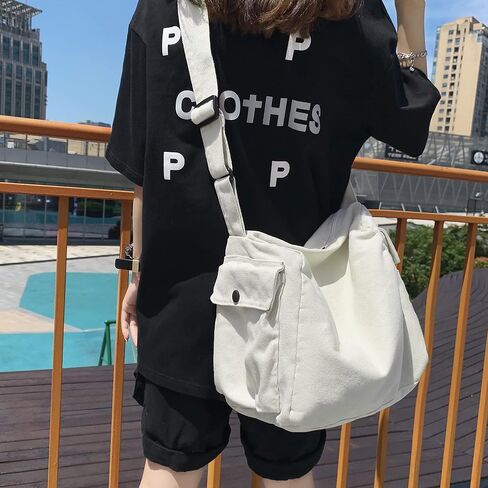 Canvas Tote Bag Hobo Crossbody Handbag Big Capacity Messenger Bag with Multiple Pockets Casual Shoulder Bag for Women Men in Saudi Arabia