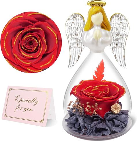 Yamonic Preserved Flowers Rose Birthday Gifts for Women Mom in Glass Angel Figurines, Mothers Day Rose Gifts for Mom Grandma, Christmas Angel Rose Gifts for Her, Mothers, Valentine's Da (Purple) in Kuwait