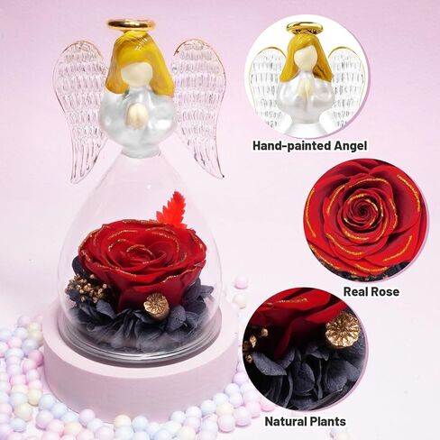 Yamonic Preserved Flowers Rose Birthday Gifts for Women Mom in Glass Angel Figurines, Mothers Day Rose Gifts for Mom Grandma, Christmas Angel Rose Gifts for Her, Mothers, Valentine's Da (Purple) in Kuwait