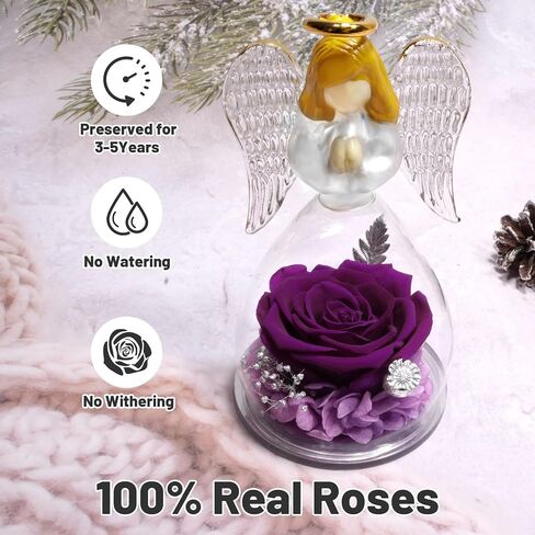 Yamonic Preserved Flowers Rose Birthday Gifts for Women Mom in Glass Angel Figurines, Mothers Day Rose Gifts for Mom Grandma, Christmas Angel Rose Gifts for Her, Mothers, Valentine's Da (Purple) in Kuwait