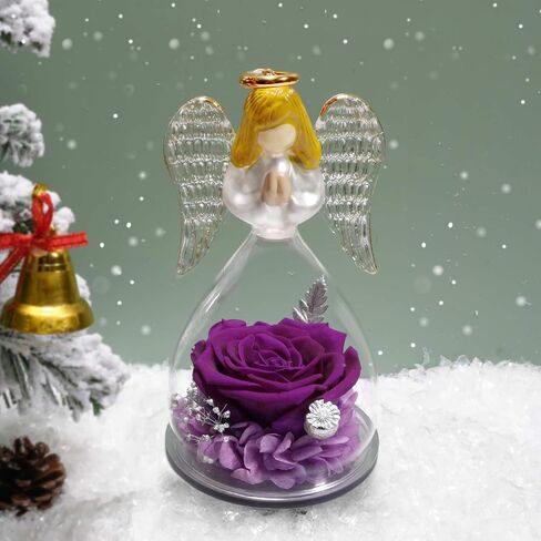 Yamonic Preserved Flowers Rose Birthday Gifts for Women Mom in Glass Angel Figurines, Mothers Day Rose Gifts for Mom Grandma, Christmas Angel Rose Gifts for Her, Mothers, Valentine's Da (Purple) in Kuwait
