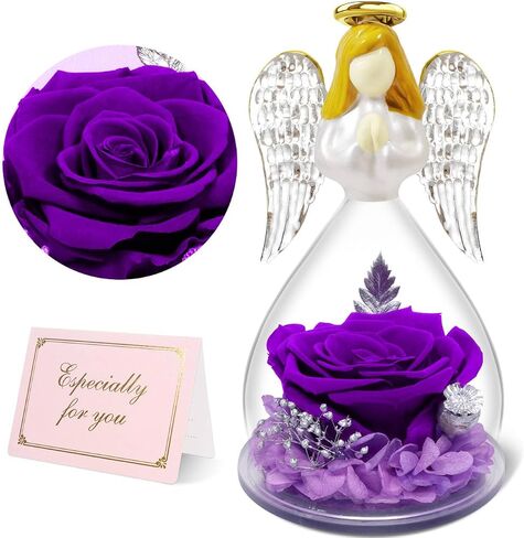 Yamonic Preserved Flowers Rose Birthday Gifts for Women Mom in Glass Angel Figurines, Mothers Day Rose Gifts for Mom Grandma, Christmas Angel Rose Gifts for Her, Mothers, Valentine's Da (Purple) in Kuwait