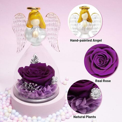 Yamonic Preserved Flowers Rose Birthday Gifts for Women Mom in Glass Angel Figurines, Mothers Day Rose Gifts for Mom Grandma, Christmas Angel Rose Gifts for Her, Mothers, Valentine's Da (Purple) in Kuwait