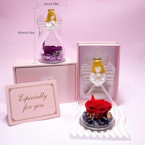 Yamonic Preserved Flowers Rose Birthday Gifts for Women Mom in Glass Angel Figurines, Mothers Day Rose Gifts for Mom Grandma, Christmas Angel Rose Gifts for Her, Mothers, Valentine's Da (Purple) in Kuwait