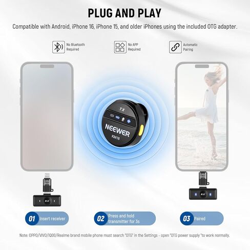 Neewer Wireless Lavalier Microphone for USB C with Charging Case, Compatible with iPhone 15/Android/PC/Laptop, 48KHz/24Bit Mini Lapel Mic, Noise Canceling 24H Battery for Recording Live Vlog, KM18 in Saudi Arabia
