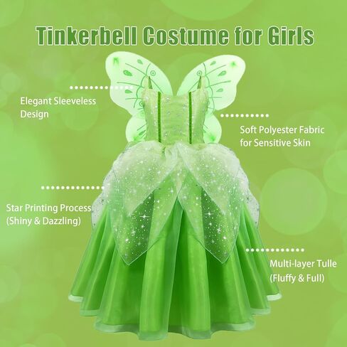 Princess Tinker Bell Halloween Costume for Girls, Birthday Party Fairy Dress Up, Special Occasion Dress with Wings in Kuwait