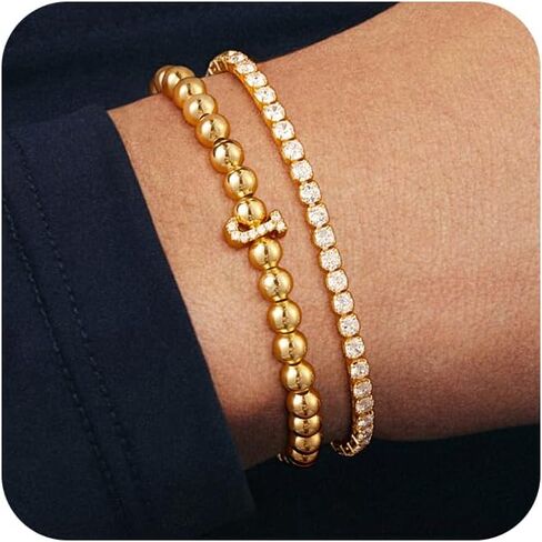 Initial Gold Bracelets for Women, 14K Gold Plated Letter Bracelet Beaded Cubic Zirconia Tennis Bracelets for Women Trendy Fashion Jewelry for Women, Initial A-Z in Kuwait