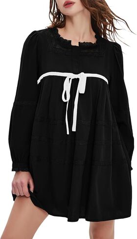 hibshaby Women's Short Babydoll Dress Long Puff Sleeve Dress Bow Tie Mini Dress Fall Dress in Kuwait