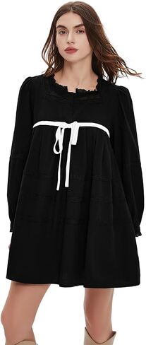 hibshaby Women's Short Babydoll Dress Long Puff Sleeve Dress Bow Tie Mini Dress Fall Dress in Kuwait