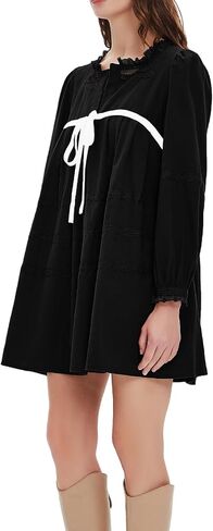 hibshaby Women's Short Babydoll Dress Long Puff Sleeve Dress Bow Tie Mini Dress Fall Dress in Kuwait
