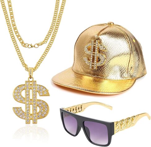 Hip Hop Costume Kit Gold Rapper Hat Sunglasses Gold Dollar Sign Pendant Necklaces 80s/90s Rapper Accessories in Saudi Arabia