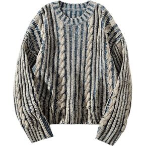 Men's Cable Knit Color Block Sweater Crewneck Long Sleeve Drop Shoulder Vintage Pullover Tops