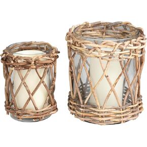 Deco 79 Glass Handmade Candle Holder with Brown Rattan Woven Exterior, Set of 2 10", 8" H, Clear