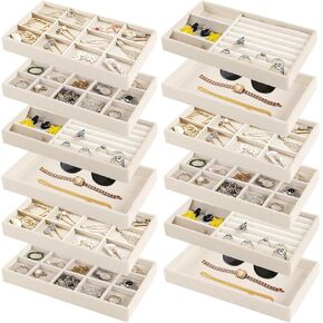 12 Pack Velvet Jewelry Trays, 8.3x5x1 Inches Premium Stackable Jewelry Drawers Organizer Inserts for Women Girls, Beige Jewelry Storage Display Trays for Necklace Earring Ring Bracelet (Multi -grid)