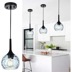 VINLUZ 2 Pack 1-Light Black Pendant Light with Blue Round Ribbed Glass Shade Farmhouse Chandelier for Dining Room Light Fixture and Over Sink