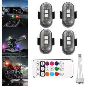 Wireless LED Lights for Car 4 PCS Drone Wireless LED Strobe Lights with Remote USB Charging Anti-Collision Warning Lights for Car Interior, Stroller, Drone, Motorcycles, Bike Anti-Collision (8 Colors)
