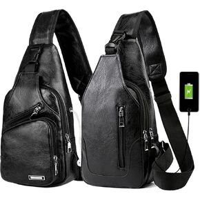 Peicees Pack of 2 Leather Sling Bag Mens Crossbody Bag Chest Bag Sling Backpack for Men with USB Charge Port, Classic Black & Vertical Zipper Black